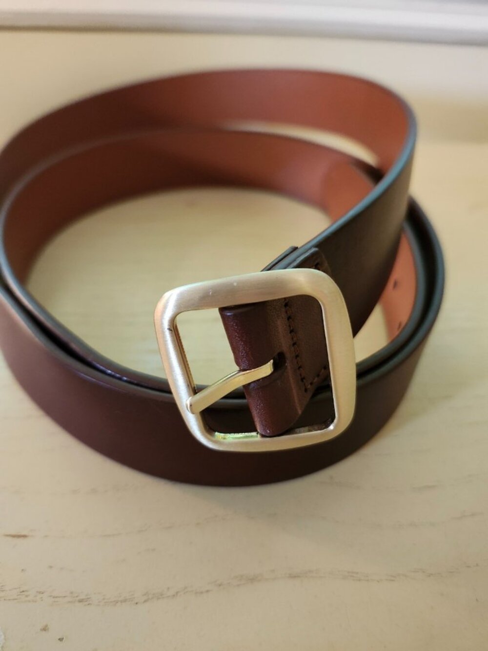 Lands End Womens Genuine Leather Brown Belt Gold Buckle 3X Preppy Timeless Chic